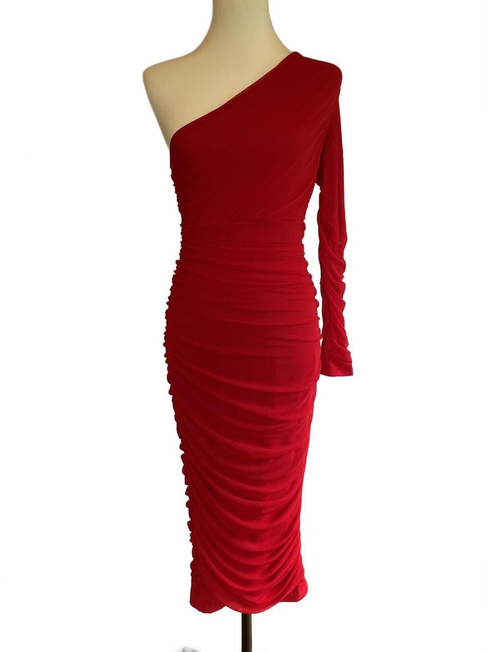 Red Ruched Bodycon Midi Dress M One Shoulder Y2K Baddie Glam Clubwear Indie NEW